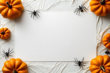 Halloween-themed invitation mockup featuring a white card with pumpkin and spider borders.