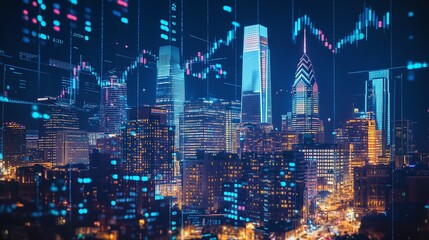 City skyline at night with digital financial data overlay in a bustling urban landscape showcasing technology and commerce