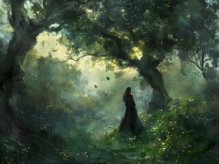 Wall Mural - Enchanted Forest: Woman Walking Through a Mystical Grove