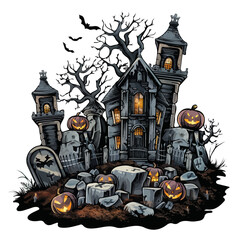 illustration vector Halloween cemetery isolated on white background, Halloween home at night, haunted house Halloween,bat, moon, illustration of a Halloween house