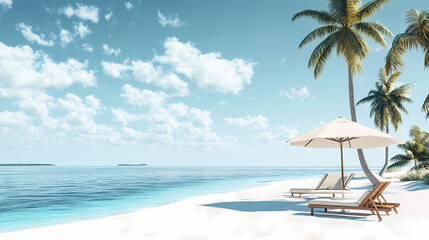 Wall Mural - Beautiful beach with palm trees and lounge chairs under an umbrella on the shore of crystal clear blue water against a white sky background panorama generative ai. Crystal Clear Beach. Illustration