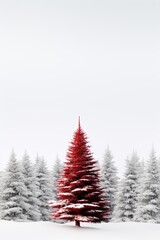 A striking red tree stands out among snow-covered firs on a frosty winter day