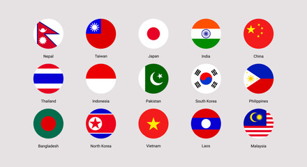 South Korea, India, China, Taiwan, Japan, Bangladesh, Malaysia, Thailand Philippines flag vector illustration. Asian states national symbols set with countries names. Asia rounded official flags icons