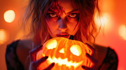 Portrait of woman at Halloween party as dead witch with funny and silly expression on her face. Young woman with bloody make-up holds glowing pumpkin covered with spider webs on orange background