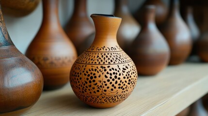 Canvas Print - A vase with a design on the side sitting next to other similar looking vases, AI