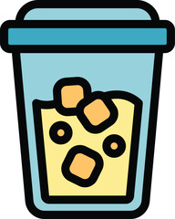 Poster - Simple colored line icon of a plastic cup containing a yellow drink with ice cubes