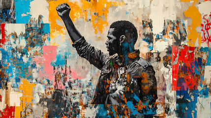 Wall Mural - African man raising fist, rebel fighting spirit freedom, urban street art graffiti collage. Street Art. Illustration