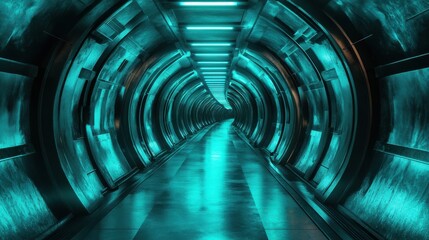 A futuristic, metallic, cylindrical corridor with glowing teal lights. The corridor is long and narrow, with a metal floor and walls 