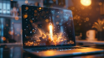 Wall Mural - rocket launching from a laptop on an office table to ascend into the air. business startup new idea 