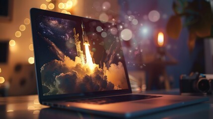 Wall Mural - rocket launching from a laptop on an office table to ascend into the air. business startup new idea 