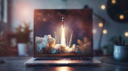 Wall Mural - rocket launching from a laptop on an office table to ascend into the air. business startup new idea 