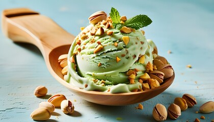 Wall Mural - Pistachio Ice Cream Delight Served in a Wooden Spoon