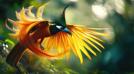 A dramatic image of a bird of paradise displaying its vibrant plumage in a tropical rainforest, showcasing the wonders of biodiversity.