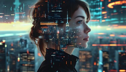 Futuristic cityscape with womans profile and dynamic data visualization, symbolizing technology, innovation, and progress