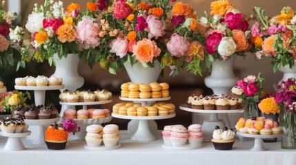 An elegant dessert table featuring colorful pastries, floral arrangements, and fresh fruit