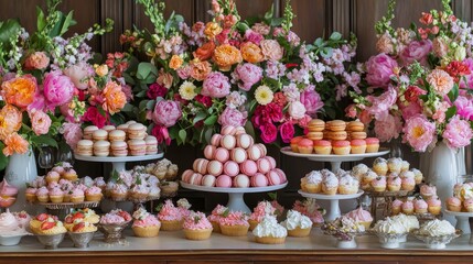 Dessert table featuring colorful pastries, elegant floral arrangements, and fresh fruit