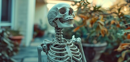 Detailed close-up of a cat skeleton in a home setting, staged for Halloween.