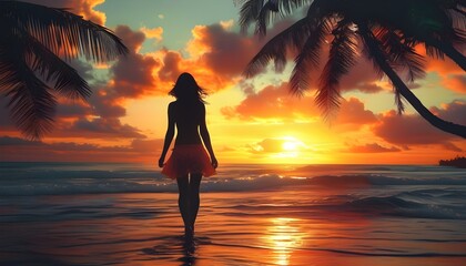 Dreamlike silhouette of a woman blending with a vibrant tropical sunset, evoking feelings of escape and relaxation