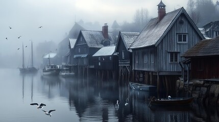 An early morning in a quiet fishing village with wooden houses lining the shore and boats anchored in the still waters