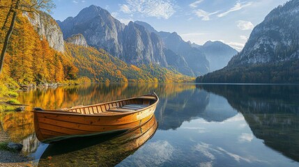 Colorful autumn landscape with trees lining a clear lake and a wooden dock in the mountains at daytime