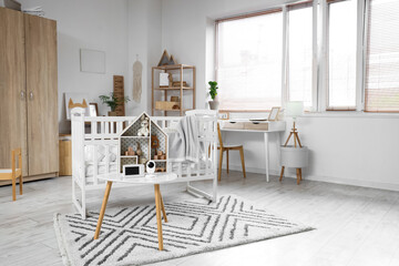 Sticker - Interior of light children's bedroom with crib and baby monitor on table