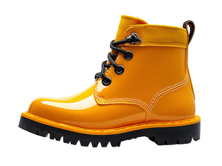 a yellow boot with black soles

