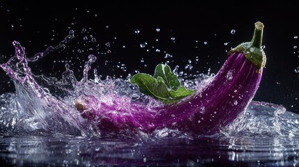 A vibrant eggplant splashes into water, creating dynamic droplets and a lively scene.