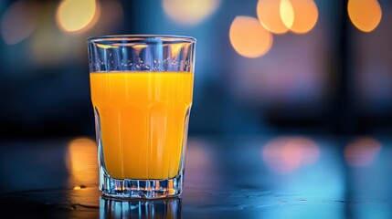 Wall Mural - A glass of orange juice sits on a table, illuminated by soft, colorful lighting.