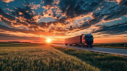 On a calm country road, two trucks pass each other under a breathtaking sunset sky.