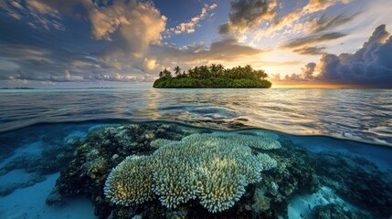 A serene underwater view showcasing vibrant coral reefs and a tropical island at sunset.