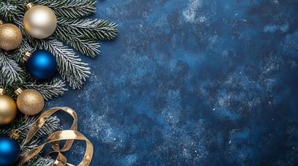 Blue and gold ornaments on a dark blue snowy background decorate the Christmas tree