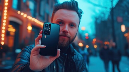 Canvas Print - A man holding a smartphone in an urban setting during twilight.