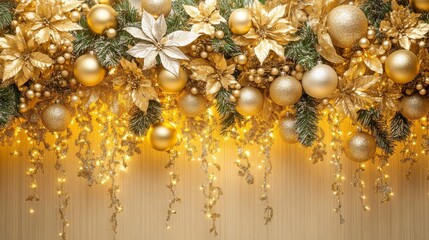 gold and silver ornaments, greenery, and a soft glow decorate this festive background, ideal for gre