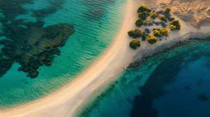 This aerial view shows vibrant turquoise waters meeting sand shores in a coastal landscape during daylight