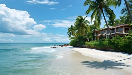 Tranquil Tropical Beach Escape with Pristine Sand, Gentle Waves, Lush Palm Trees and Charming Villa