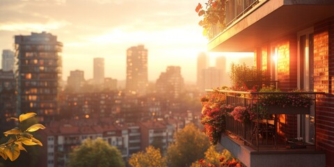 Urban Elegance, modern apartment complex featuring stylish balconies, vibrant cityscape softly blurred in the background, inviting urban lifestyle