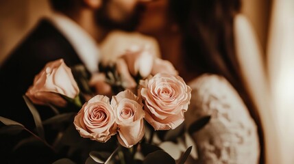 Wall Mural - A romantic moment featuring a couple kissing, with a bouquet of pink roses in focus.