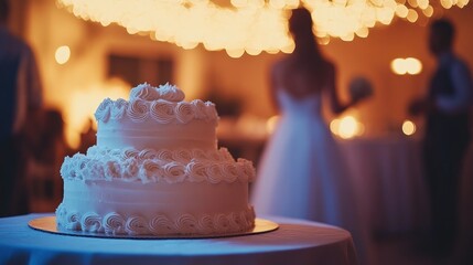 Wall Mural - A beautifully decorated wedding cake in a softly lit reception setting.