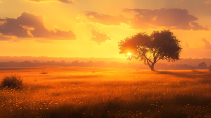 Wall Mural - Expansive savannah grasslands at dawn the first light painting the landscape golden, soft light, sunset. savannah. illustration. Savannah Grasslands. Illustration