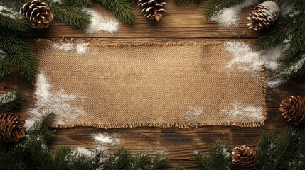 A festive winter arrangement using pinecones, ornaments, and burlap displayed on a wooden table during the holiday season