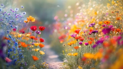 A vibrant flower path showcasing a variety of colorful blooms in a serene landscape.