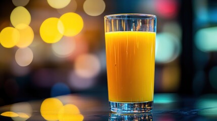 Wall Mural - A refreshing glass of orange juice on a table with a blurred background.