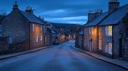 Sticker - A quiet street at dusk, featuring stone houses with warm lights glowing in windows.