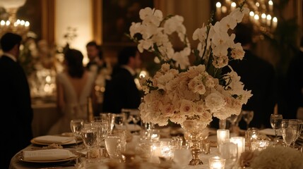 Poster - Elegant dining setup with floral centerpiece and soft lighting for a formal event.