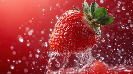 Wall Mural - A vibrant strawberry splashes in water against a red background, showcasing freshness and vitality.