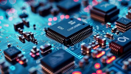 Poster - The complex electronic circuit board is glowing with activity as data flows through its many components, creating a futuristic and innovative display of technology