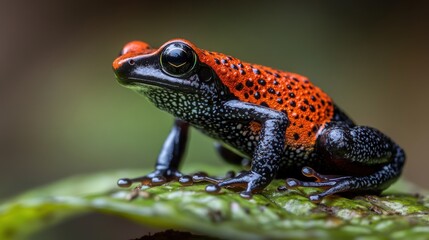 Poster - A vibrant orange and black frog perched on a green leaf in a natural setting.