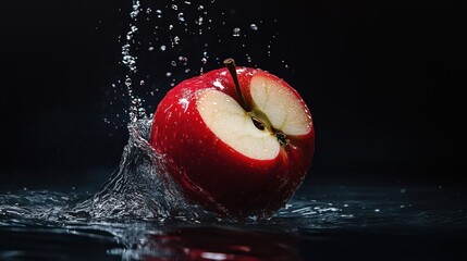 A red apple splashes into water, creating dynamic droplets against a dark background.