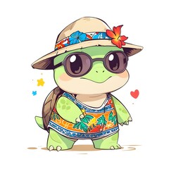 Wall Mural - Cute Turtle Wearing Sunglasses and a Hawaiian Shirt