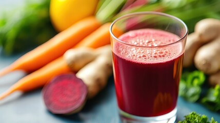 A vibrant red vegetable juice in a glass surrounded by fresh carrots, beets, ginger, and leafy greens; it presents a colorful and healthy drink choice ideal for a rejuvenating experience.